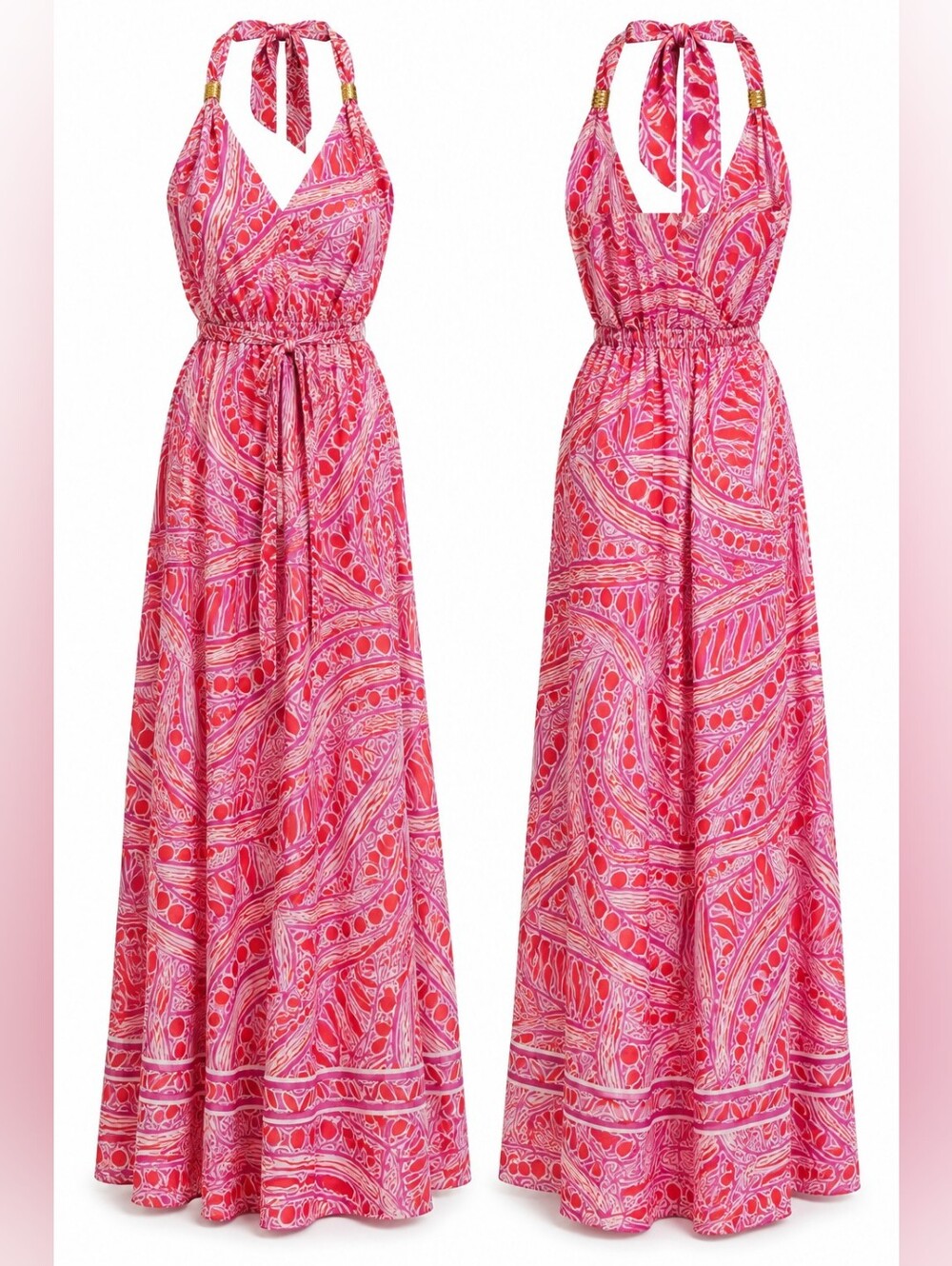 Trina Turk Silk Maxi Dress Size 6 Pink Coral Abstract Print Halter Made USA